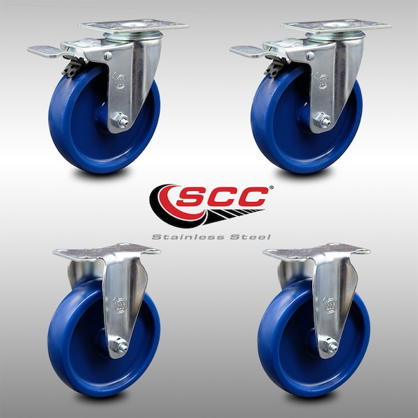 5 Inch SS Solid Polyurethane Top Plate Caster Lock Brake 2 Rigid SCC, 2PK
